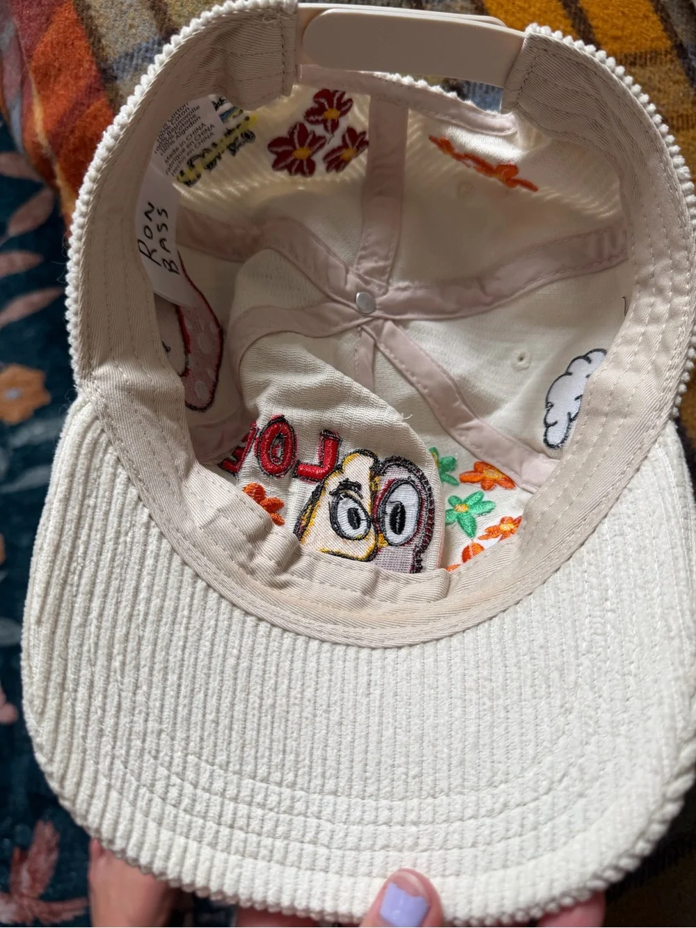 Urban Outfitters Cream Corduroy Cap with Colorful Embroidered Flowers & Faces